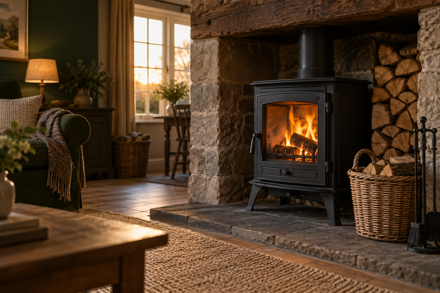 A lit black wood-burning stove with stacked firewood in a warm, welcoming room.